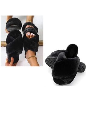 FamiPort Cross Band Fluffy Fuzzy Slippers Women Color Black Size M 7-8.5